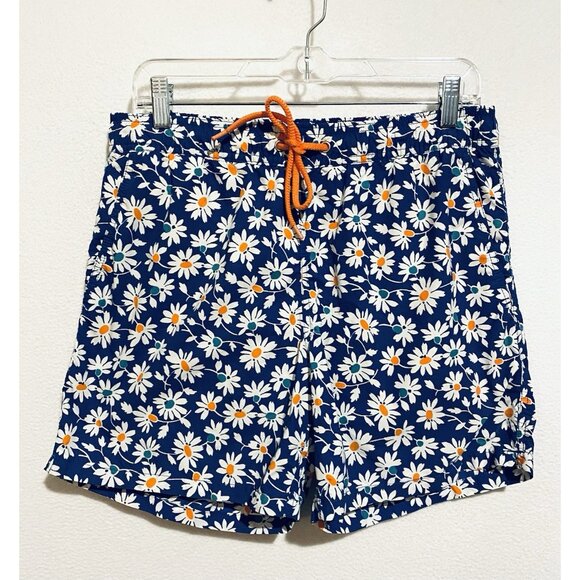 J Crew Swim Trunks Mens Medium Blue Floral Drawstring Waist Lined Beachy Summer - Picture 1 of 4